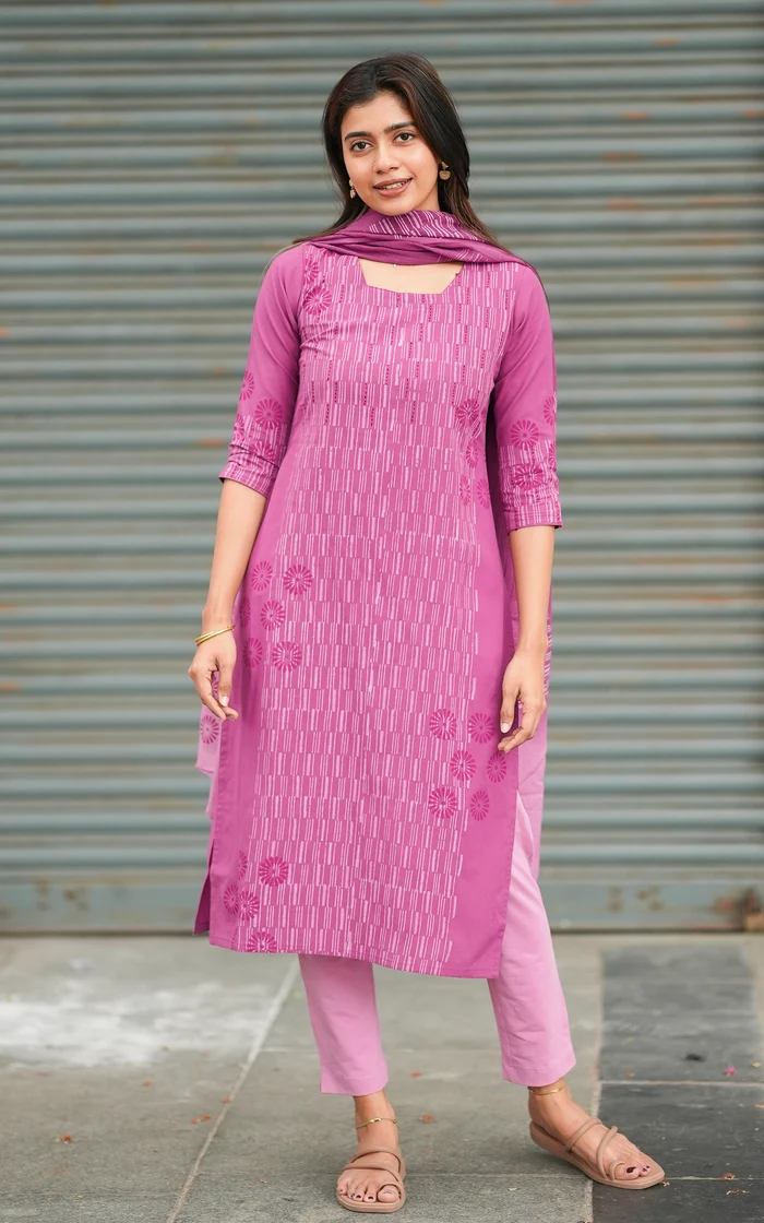 Mauve Pink Floral Printed Cotton Kurta set